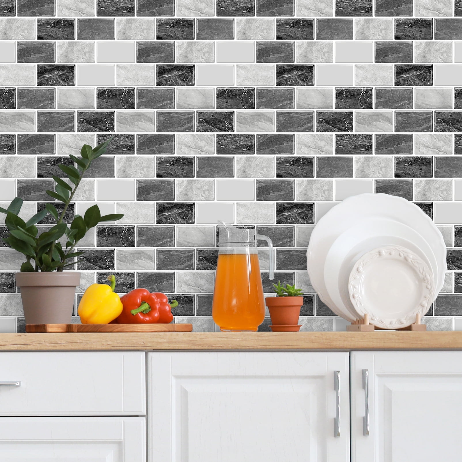 DEWOO Peel and Stick Backsplash - 10 Sheets of 12"×12" - 3D Adhesive Peel and Stick Tile Backsplash for Kitchen, Bathroom, Wall Tile, Black Gray