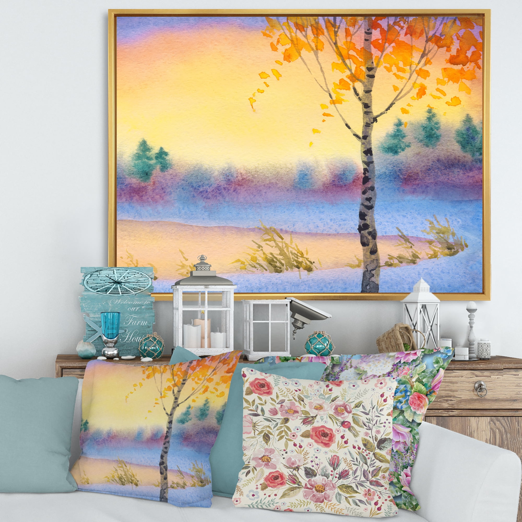 Evening Sky Over Lake Winter Landscape 32 in x 24 in Framed Painting Canvas Art Print, by Designart