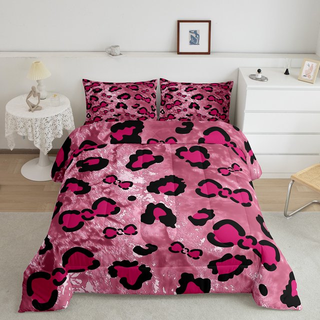 Erosebridal Leopard Cheepah Print Bedding Full Comforter Set, Girls Bow Down Comforter, Hot Pink, Breathable 3 Pieces