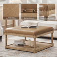 thumbnail image 6 of HUIMO Large Square Ottoman Coffee Table for Living Room, Upholstered Tufted Faux Leather Footrest Storage Ottoman with Solid Wood Shelf, Footrest Stool (Light Brown), 6 of 10