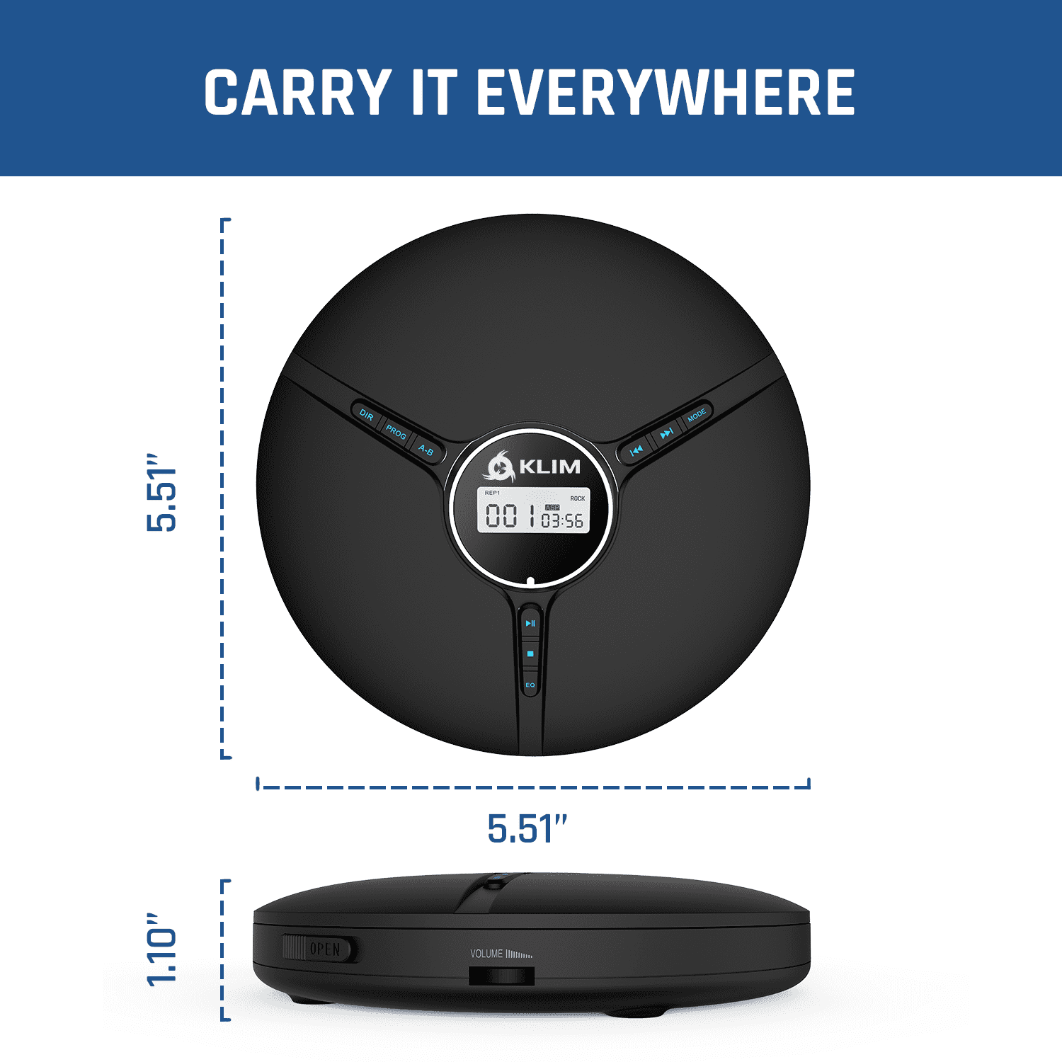 KLIM Discman Portable Compact CD Player with Built-in Battery, Includes Fusion Earphones.  MP3 CR-R/CD-RW Compatible, Black