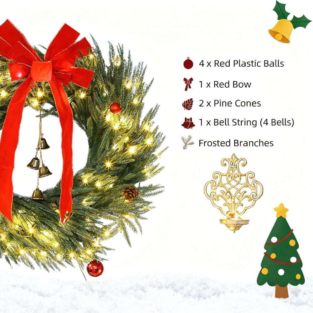 36 Inch Norfolk Pine Christmas Wreath with 100 LED Lights 8 Modes Red Ornaments Pinecones Indoor Outdoor Decor