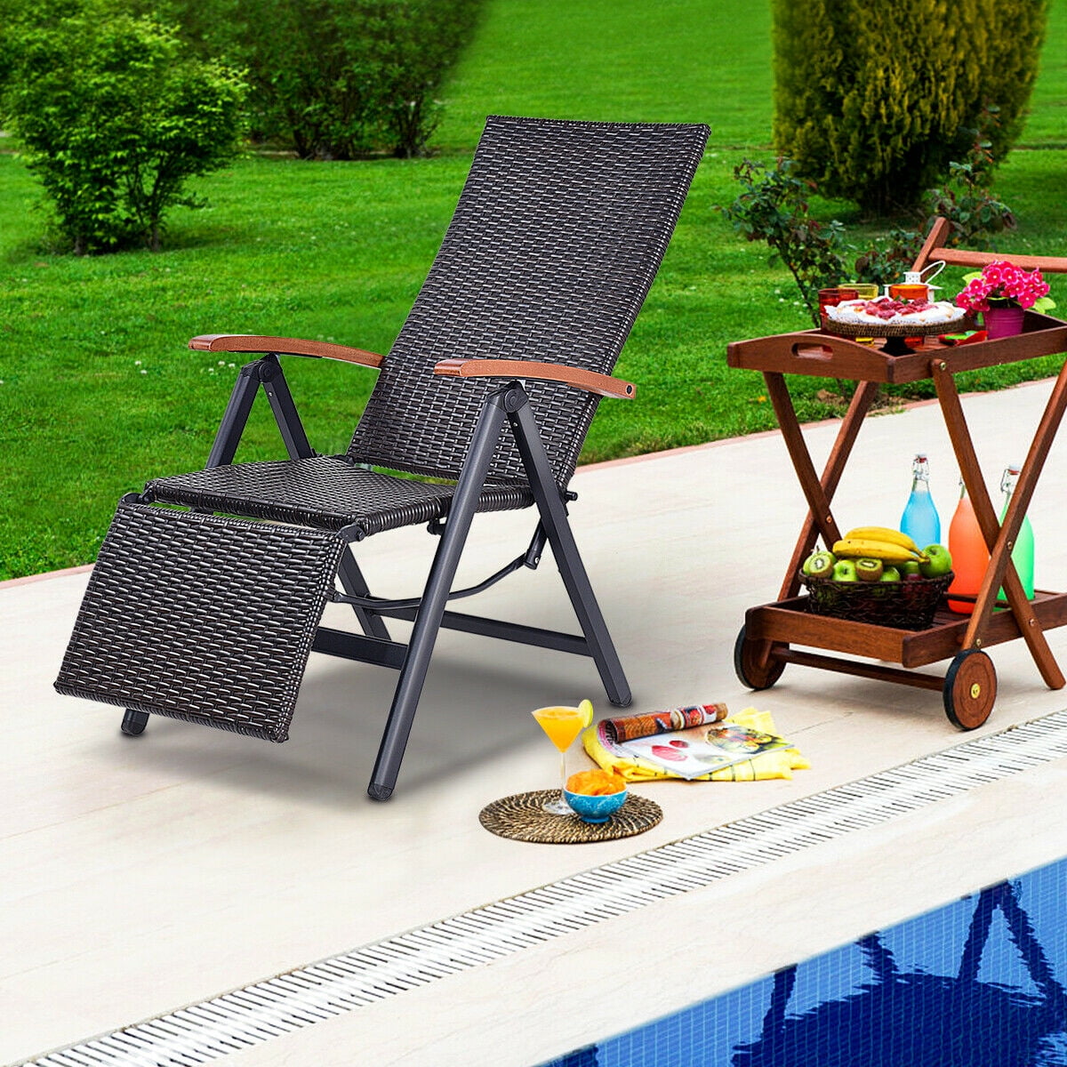 Costway Patio Folding Chair Lounger Recliner Chair Rattan Aluminum Garden Recliner Chair