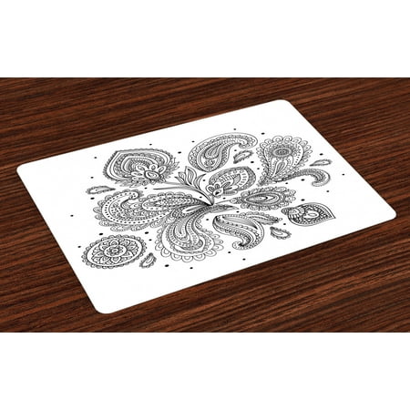 

Henna Placemats Set of 4 Eastern Inspired Various Ornamental Patterns Circles Lines Monochrome Image Print Washable Fabric Place Mats for Dining Room Kitchen Table Decor Black White by Ambesonne