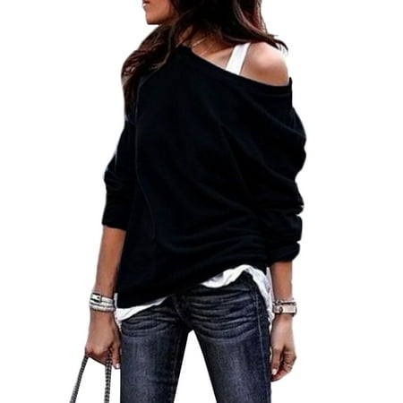 Women's One Shoulder Long Sleeve Loose Casual Plain Sweatshirt