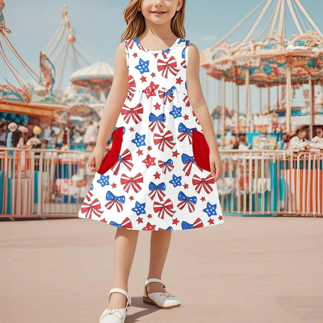 MKOSPLRT Jolies Robes d'Été pour Fille 3-14 Ans Robe Débardeur du 4 Juillet Sans Manches Col Ras du Cou Robe Midi Robe de Fête des Fêtes avec Poche