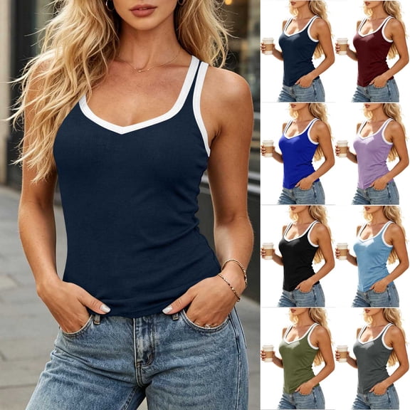 Inverlee Women's Sleeveless V Neck Color Block Ribbed Tank Tops Minimalist Slim Fit Stretchy Tees Casual Street Soft Basic Shirts Blue L