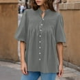 thumbnail image 5 of FNFYFH Women's Lantern Sleeve Tops Elegant Retro Button Down Stand Collar Shirt Dressy Casual Pleated Cotton Linen Blouses 3 Quarter Sleeve Blouse, 5 of 9