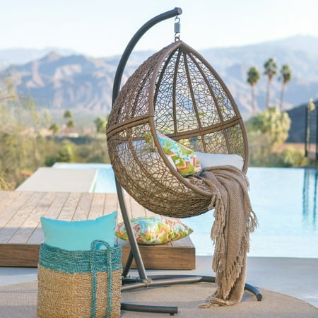 Belham Living Tanna Tear Drop Resin Wicker Hanging Egg Chair with Cushion and