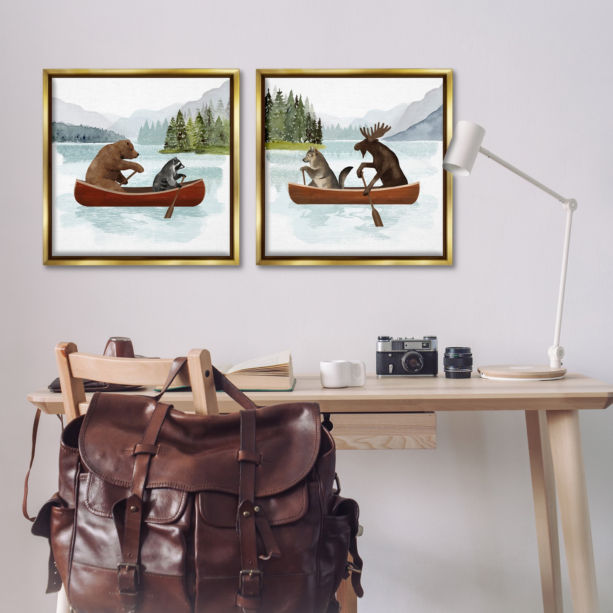 Stupell Industries Woodland Animals on Canoes Animals & Insects Painting Gold Floater Framed Canvas Art Print Wall Art, 25 x 25, Set of 2