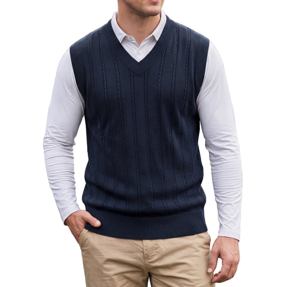 INSPIRE CHIC Men's Casual Pullover V-Neck Solid Lightweight Cable Knit Sweater Vest M Navy Blue