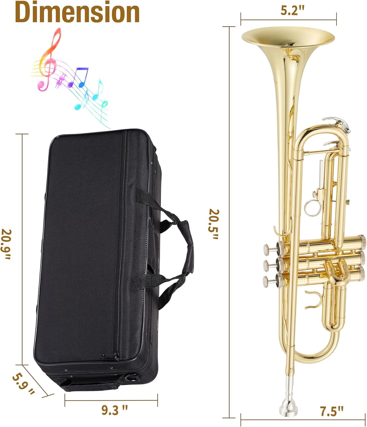 B-Flat Trumpet, Gold Nickel-Plated Brass with Hard Case, Gloves & Cleaning Kit, 3-Valve Trumpet for Beginners and Adults, Suitable for School Bands and Practice