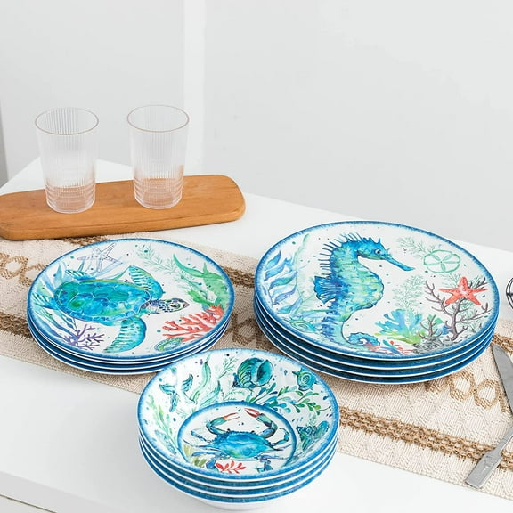 12-Piece Melamine Beach Dinnerware Set, Coastal Plates and Bowls Sets, Oceanic Sea Life Dish Sets for 4, Great for Indoor Outdoor Dining on the Beach, RV, Camping or Cabin