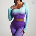 thumbnail image 4 of CORPOAMOR Women's Fitness Clothing Gym Outfit and Yoga Workout Set Crop Top and High Waisted Leggings Ombre Gradient 2 Piece Set (Purple/Blue, Medium), 4 of 9