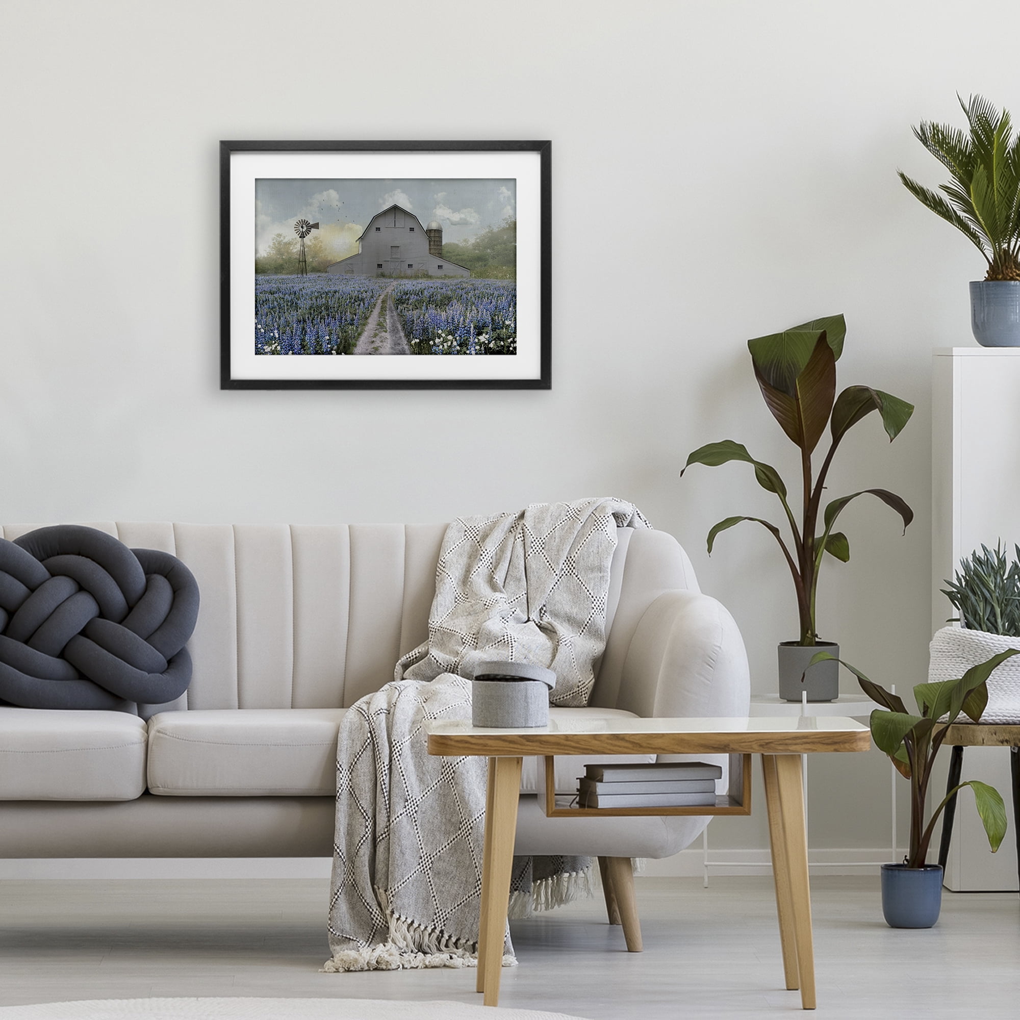 Stupell Industries Meadow of Blue Flowers & Barn Black Framed Print Under Glass, design by Nan