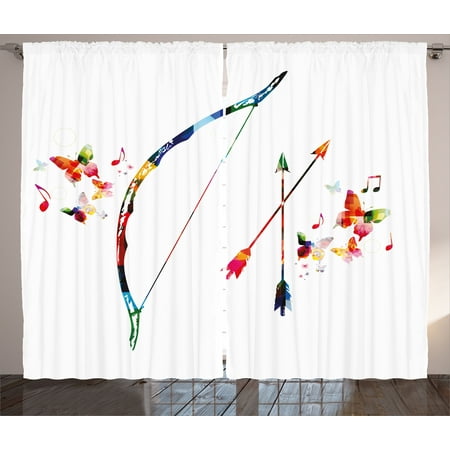 Music Note Design - Modern Curtains 2 Panels Set, Abstract Unusual Bow and Arrow with Butterflies Music Notes Floral Design Print, Window Drapes for Living Room Bedroom, 108W X 96L Inches, Multicolor, by Ambesonne