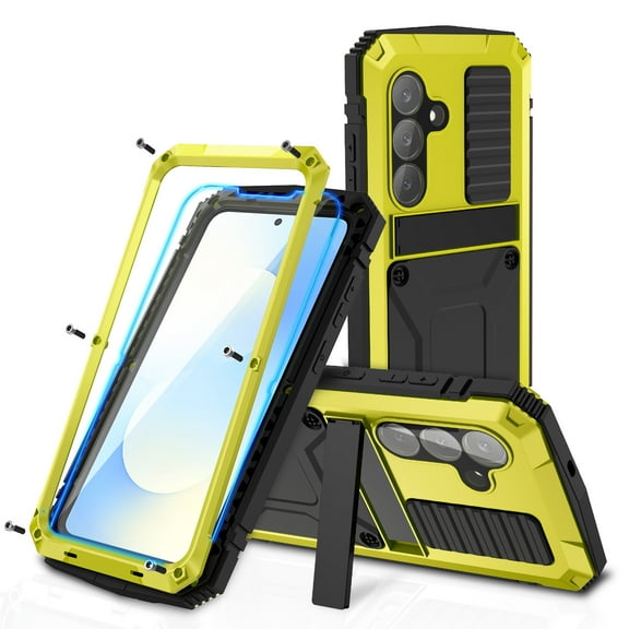 Compatible with Samsung Galaxy S25 FE Metal Case, with Screen Protector Camera Lens Protector Military Rugged Heavy Duty Shockproof Case with Metal Kickstand Full Body Tough Dustproof Case, Yellow