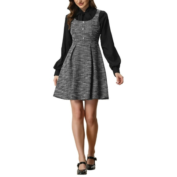 INSPIRE CHIC Women's Dress Tweed Plaid Sleeveless A-Line Pinafore Overall Dress XS Black