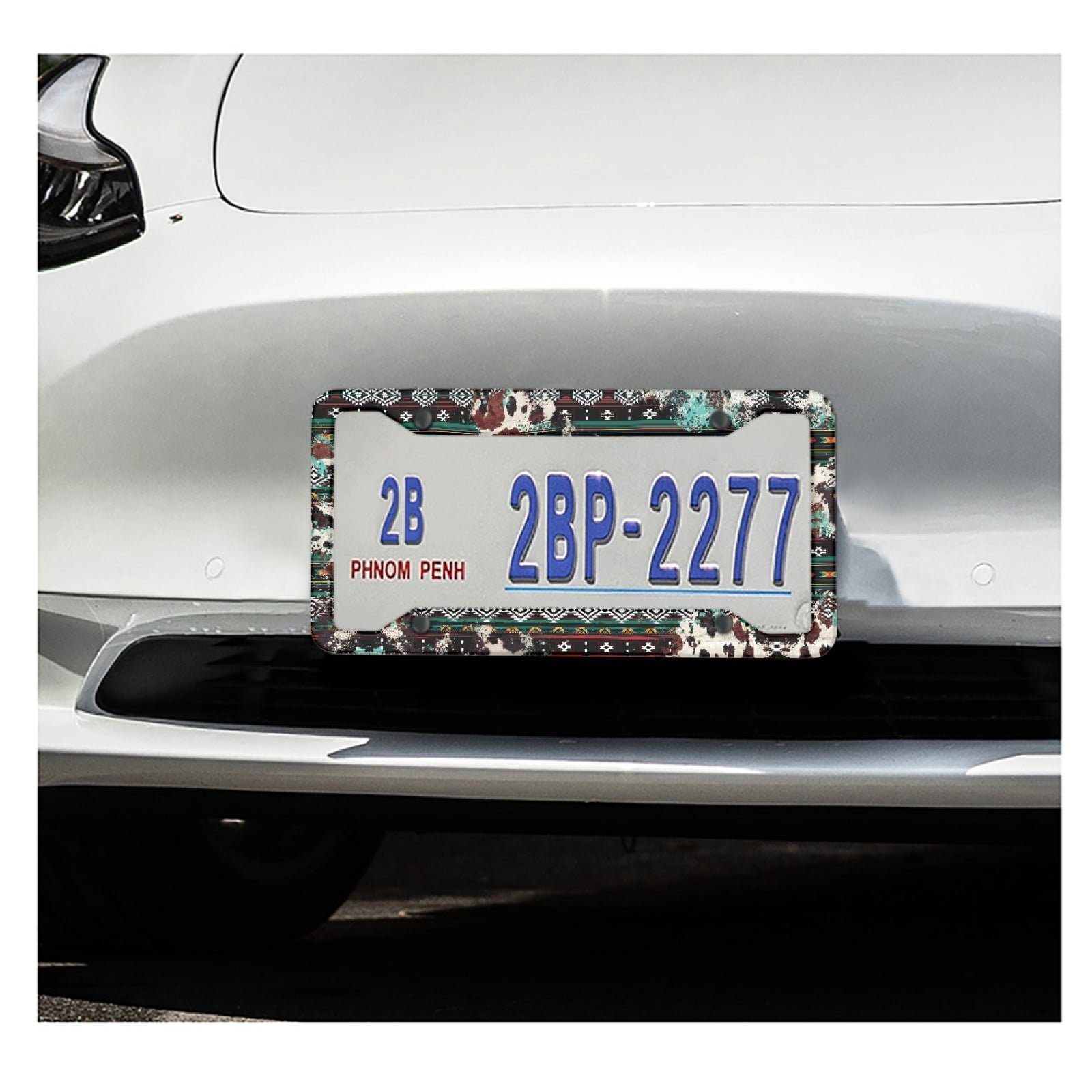 Renewold American Tribal Style Cow Print Metal Automotive License Plate Frames Novelty Vanity Tag Car Accessories Decor for Men Women, Set of 2