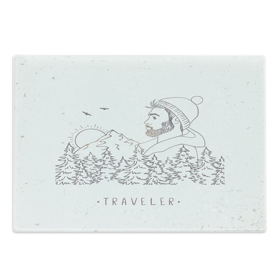 Travel Cutting Board, Sketch of Young Man in Cap with Mountains and Forest Hand-Drawn Art, Decorative Tempered Glass Cutting and Serving Board, in 3 Sizes, by Ambesonne