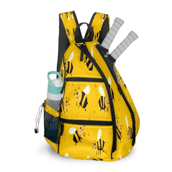 Pickleball Shoulder Bag for Men and Women - Fence Hook - Crossbody Backpack with Water Bottle Holder Black-striped Honeybee