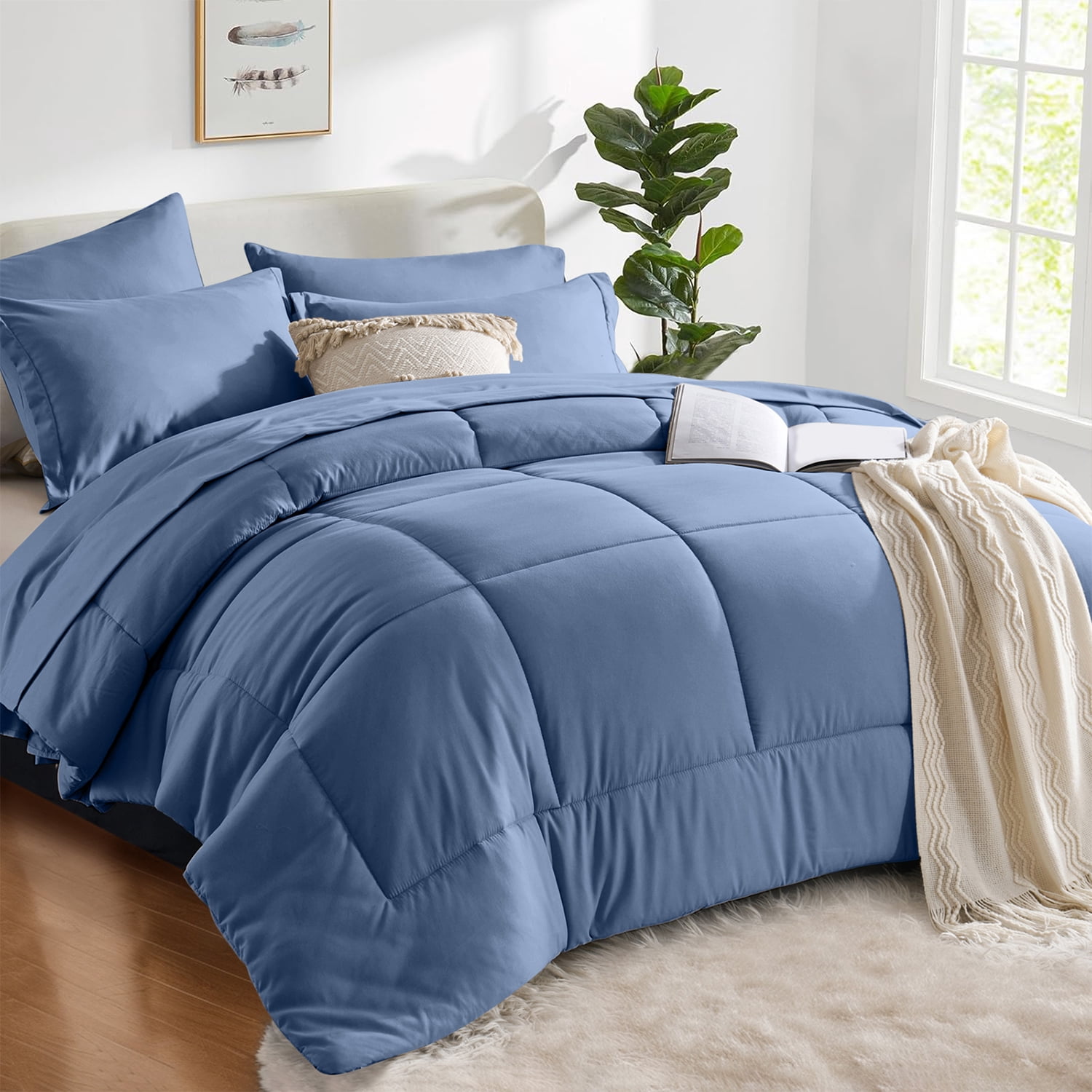 Flymme Full Size Comforter Sets with Sheets Blue Bed in a Bag Full Bed Sets 7 Pieces Modern Soft Microfiber Complete Bedding Sets for Women Man