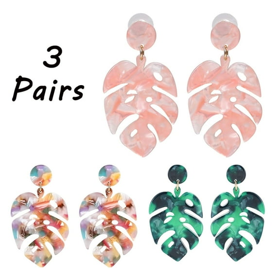 AMERTEER 3 Pairs Bohemian Palm Leaf Acrylic Earrings for Women Drop Dangle Statement Earrings Bohemian Resin Jewelry
