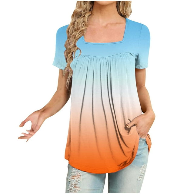 ameIAEA Square Neck Tops for Women Short Sleeve Summer Tunic Tops Color Block Ruffle Blouse