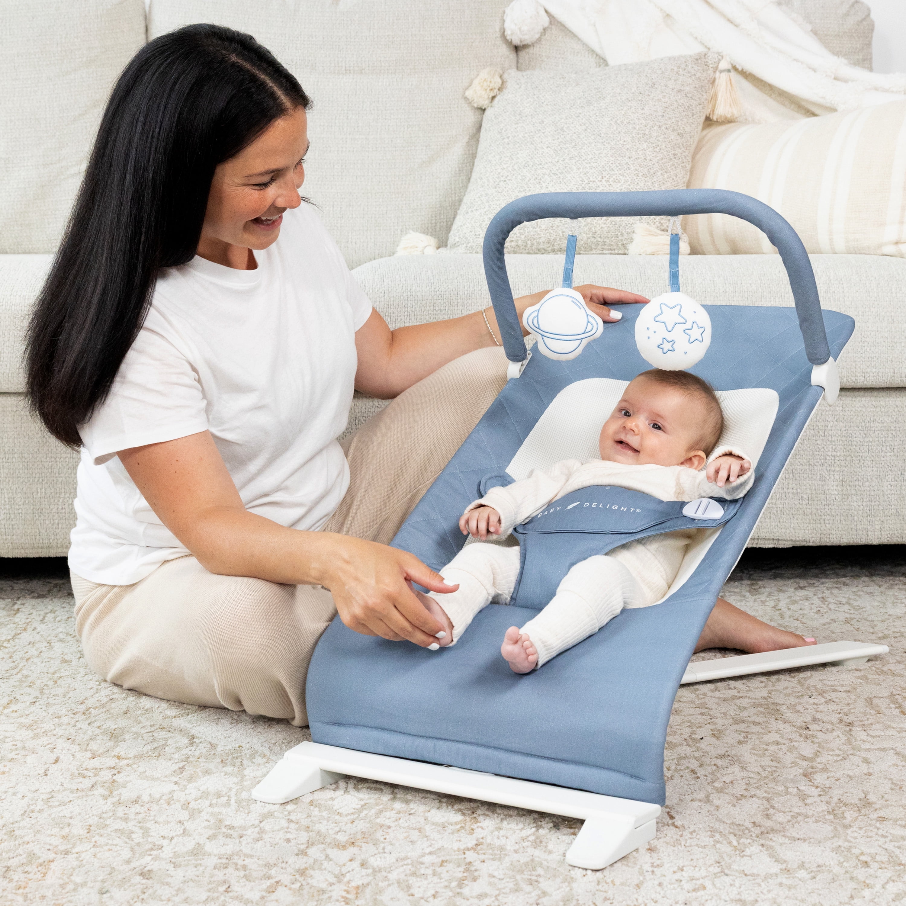Baby Delight Alpine Organic Deluxe Portable Bouncer, for Infants 0-6 Months, Organic Dusty Blue