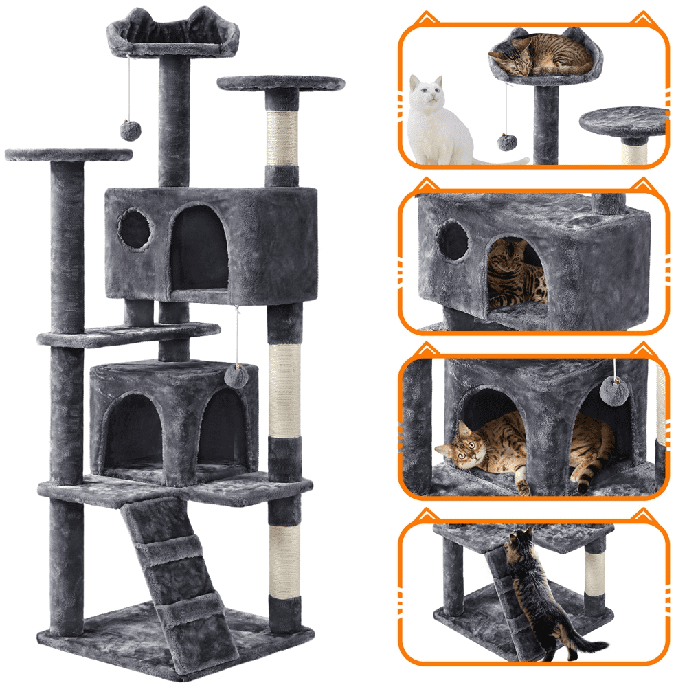Alden Design 61.5''H Double Condo Cat Tree with Scratching Post Tower, Dark Gray