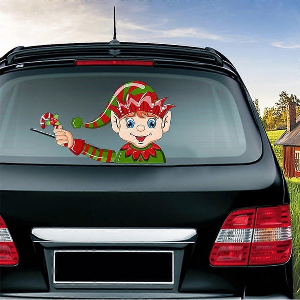 Rear Windshield Wiper Decal Christmas Snowman Waving Wiper Sign Funny Christmas Animated 3d Sticker (Long Hat Elf)