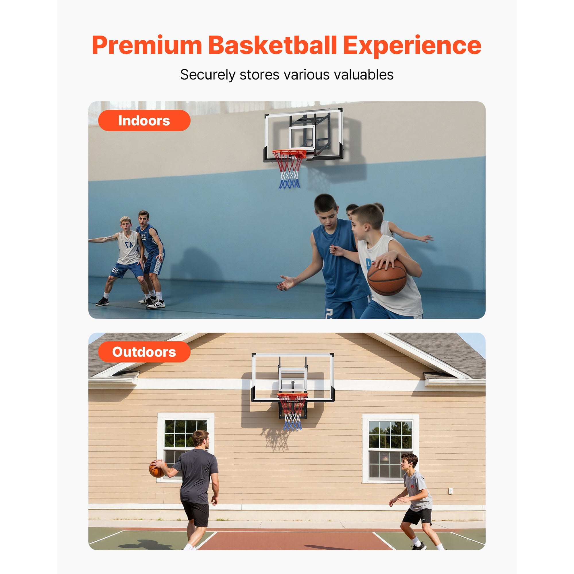 KFFKFF Wall-Mounted Basketball Hoop, 54-inch Polycarbonate Backboard with Hand-Crank Height Adjustment, Durable 0.11-inch Thick Backboard, Classic Design for Indoor and Outdoor Play
