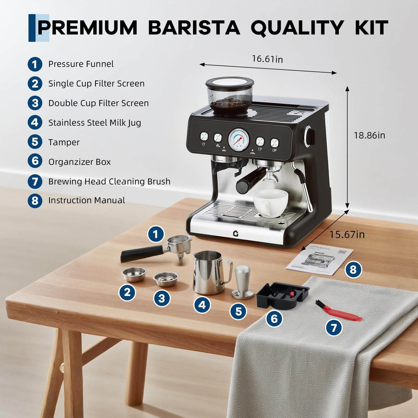 Juiluna 20 Bar Pressure Stainless Steel Espresso Machine with Grinder, 2.8L Removable Water Tank, Milk Frother Steam Wand for Latte/Cappuccino - Adjustable Shot Volume, Professional Home/Office Use