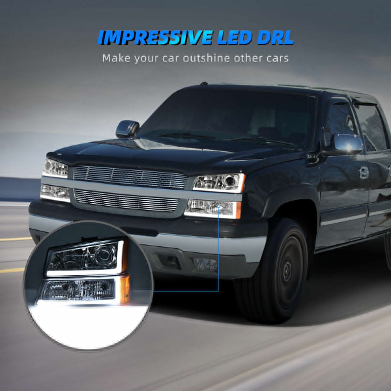RVNI LED DRL Projector Headlights Sequential Turn Signal For 03-06 Chevy Silverado
