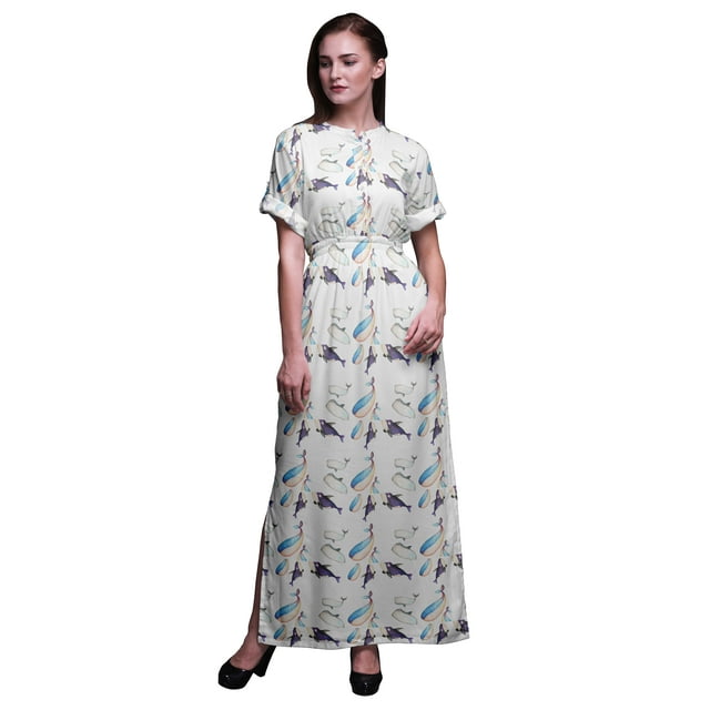 Bimba Robe Kimono en Rayonne Imprimée Baleine Océan Manches Longues Maxi Fendue Été-Moyenne