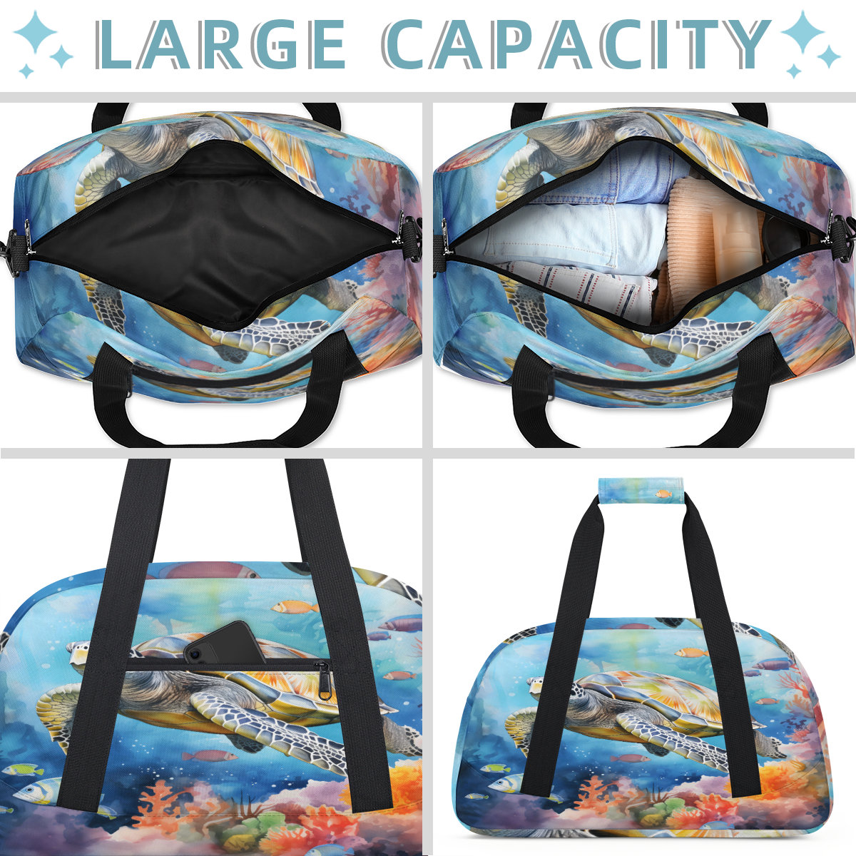 Herdesigns Sea Turtle Theme Sports Duffle Bag for Women & Men, Gym Bag Dance Bag Overnight Bag Carry On Weekender Travel Bag