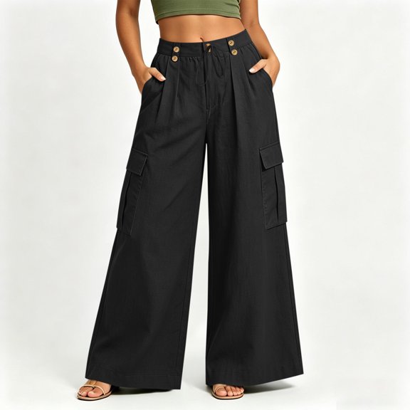 Utoimkio Women's Lightweight Vacation Cargo Trousers,High Rise Dual Button Detail with Front Drawstring and Oversized Side Pockets