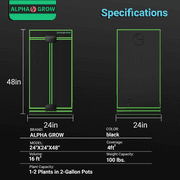 ALPHAGROW Indoor Grow Tent, 24 x 24 x 48 in, 600D Mylar Canvas, Twin Doors, and Observation Window