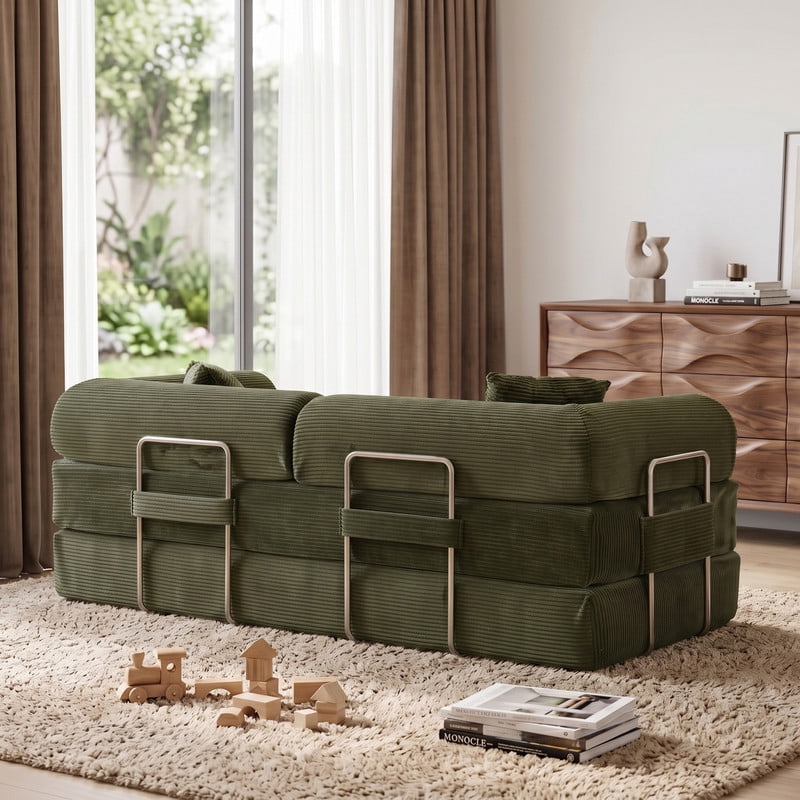 Anpport 78.8" Compression Boneless Sectional Sofa, Convertible Floor Sleeper Bed with Pillow Back Armrest, Corduroy Fabric, Green, for Living Room Bedroom