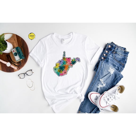 Floral West Virginia State Shirt: Wv Map Souvenir TSHIRT All Size S-5XL