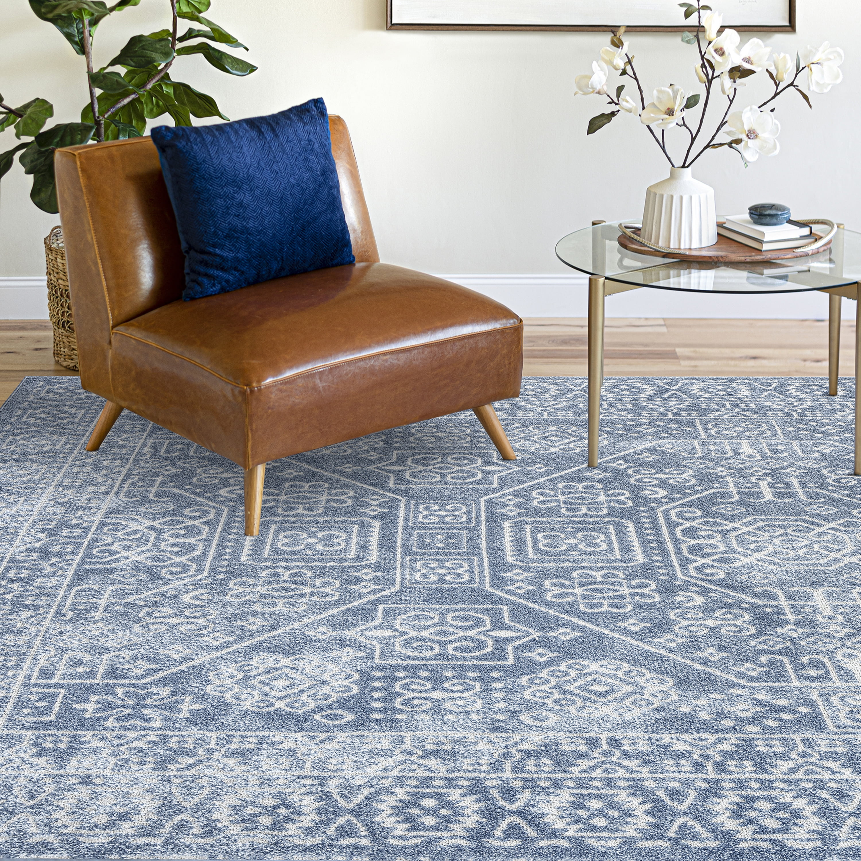 Bliss Rugs Scandinavian Area Rug for Living Room, Farmhouse, Bedroom, Geometric Tribal Dining Room Rug | Blue, 5' x 8'(5'3''x7'3'')