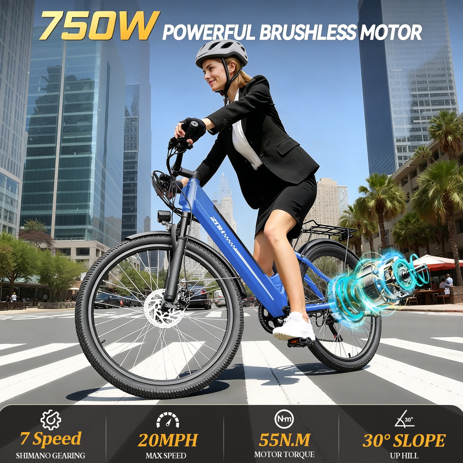 ZNH 750w Electric Bike for Adult,26'' Electric Commutter Bike w 48v 13ah Removable Battery,City Ebike for Women and Older,Up to 20mph,UL2849,7-Speed，Blue