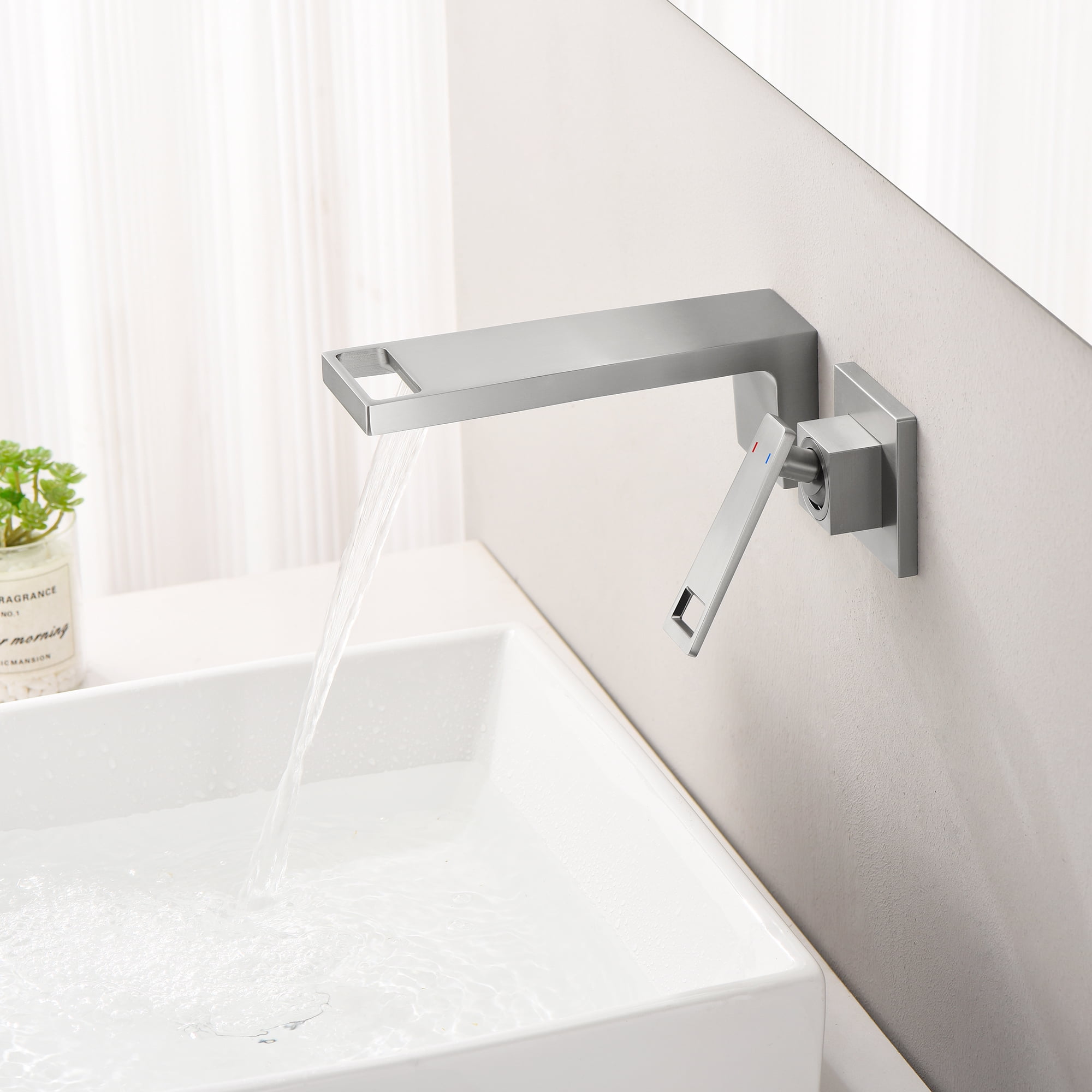 SUMERAIN Single Handle Waterfall Bathroom Faucet Wall Mount Vessel Sink Faucet with Brass Rough-in Valve,Brushed Nickel