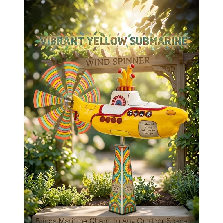 Metal Yellow Submarine Wind Spinner, 12.6 Inch Rotating Yard