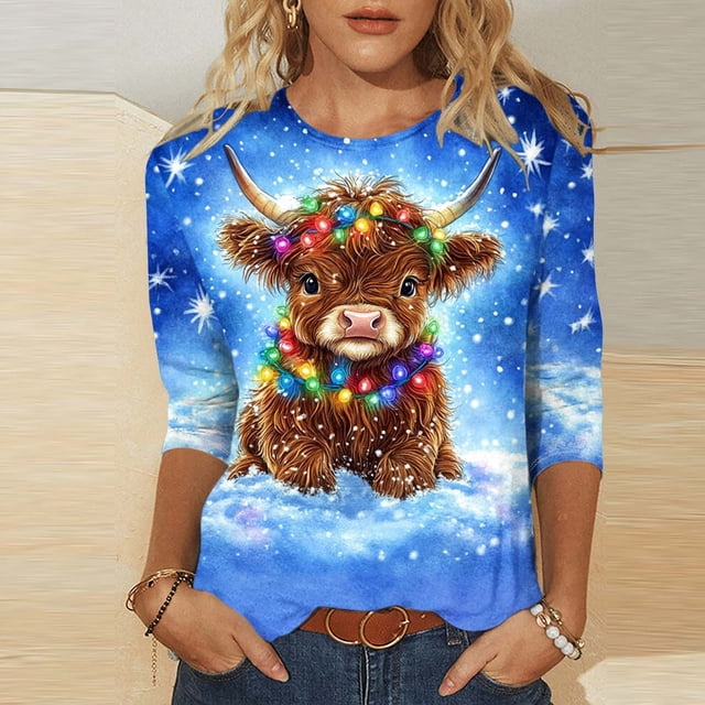 Meichang Chandails de Noël pour Femmes Hauts à Manches 3/4 T-Shirts Graphiques de Noël Fantaisie T-Shirts Décontractés à Col Rond Tuniques Amples T-Shirts à Enfiler Trois Quarts