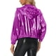 thumbnail image 3 of CHAQUETA METÁLICA BRILLANTE CON CAPUCHA Y CREMALLERA PARA MUJERES INSPIRADA EN CHIC, M LARGA DE MANGA LARGA, COLOR PÚRPURA, 3 of 5