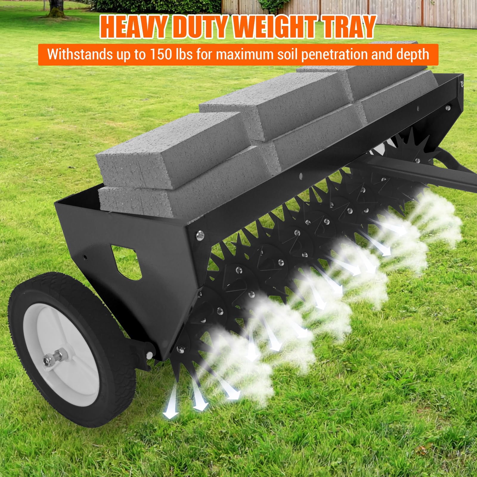 Tow Behind Aerator, 40 Inch Plug Aerator with Universal Hitch, Durable Lawn Aerator Soil Penetrator Tractor with Transport Wheels, Steel Teeth, Tray, Suitable for Lawn, Farm and Garden, Black