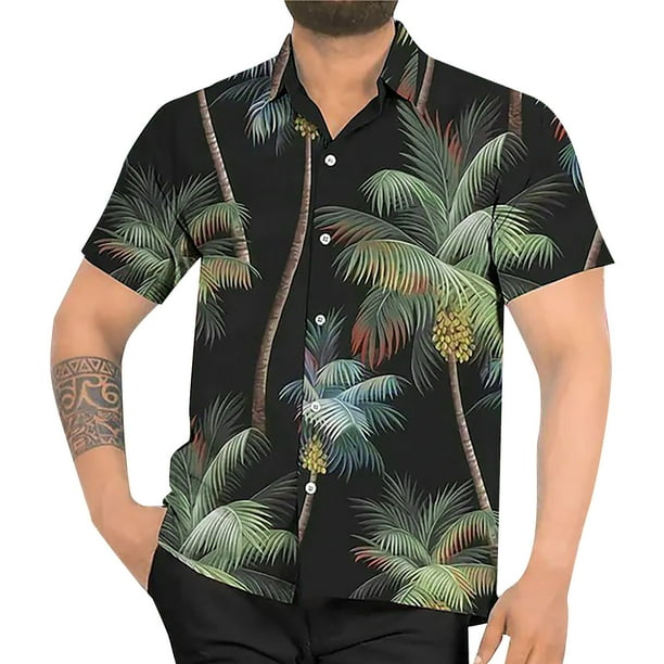 Camisas De Lino Para Hombre Camisas florales hawaianas para hombre, con botones, para vacaciones tropicales, playa, trajes de verano (Black, 4XL)