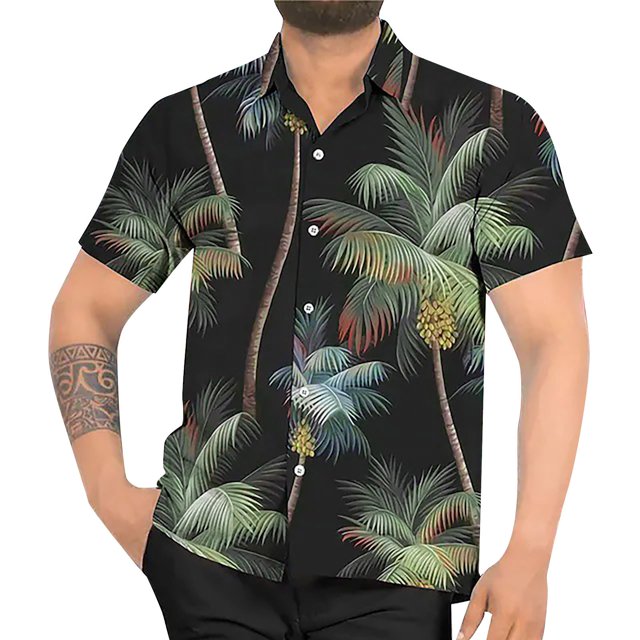 Camisas De Lino Para Hombre Camisas florales hawaianas para hombre, con botones, para vacaciones tropicales, playa, trajes de verano (Black, M)