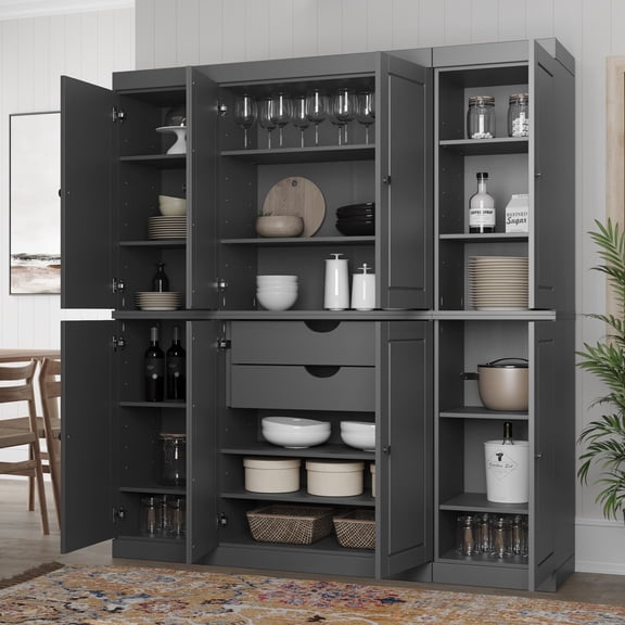 100% Solid Wood Kitchen Pantry Storage Cabinet with Solid Doors, Adjustable Shelves and 2-Drawers, Gray